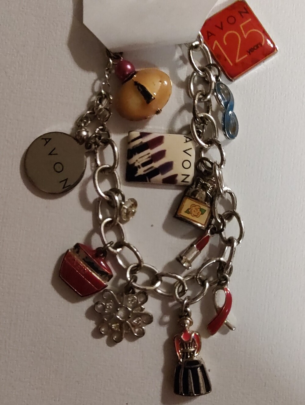 Avon Silver Charm Bracelet with Red, Yellow, Blue and Pink Accents